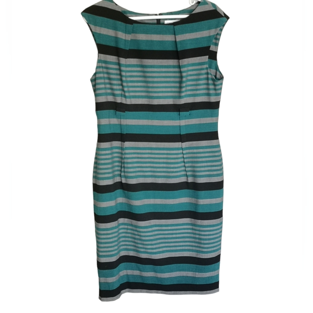 Calvin Klein Striped Fitted Sheath Midi Dress With Pleating Women's Size 12
